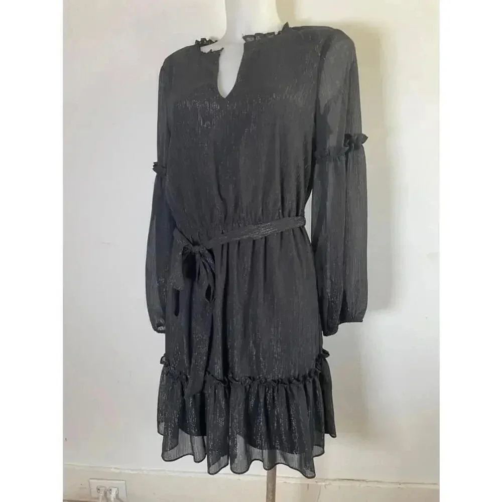 Women's Laundry by Shelli Segal Black Ruffle Sparkle Sleeve Dress Size‎ 10 EUC!